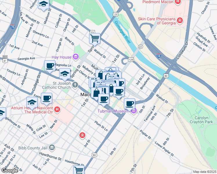map of restaurants, bars, coffee shops, grocery stores, and more near 369 2nd Street in Macon