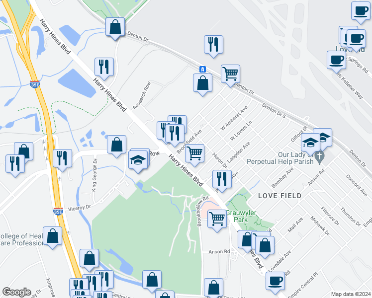 map of restaurants, bars, coffee shops, grocery stores, and more near 2124 Brookfield Avenue in Dallas