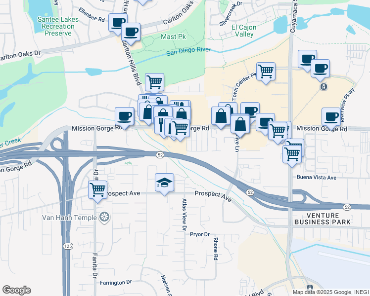 map of restaurants, bars, coffee shops, grocery stores, and more near 9459 Mission Gorge Road in Santee