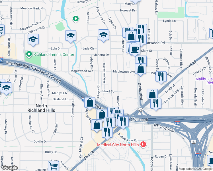 map of restaurants, bars, coffee shops, grocery stores, and more near 4901 Maryanna Way in North Richland Hills