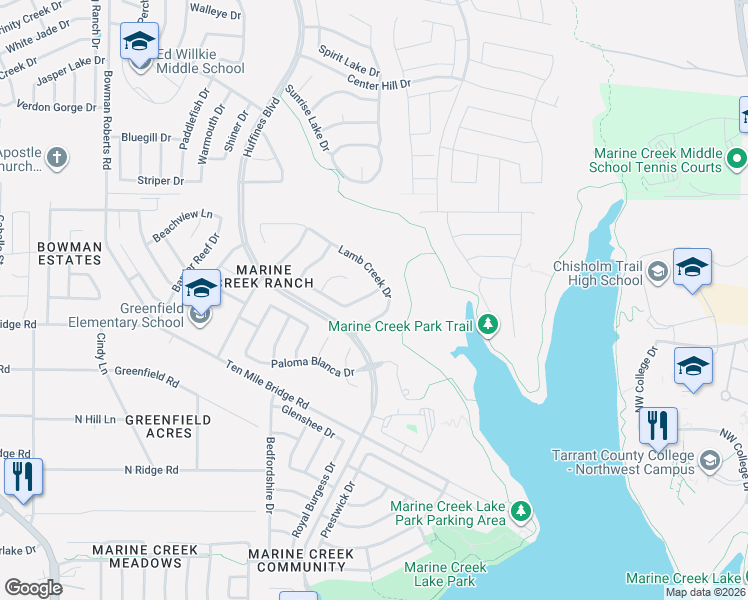 map of restaurants, bars, coffee shops, grocery stores, and more near 5805 Lamb Creek Drive in Fort Worth