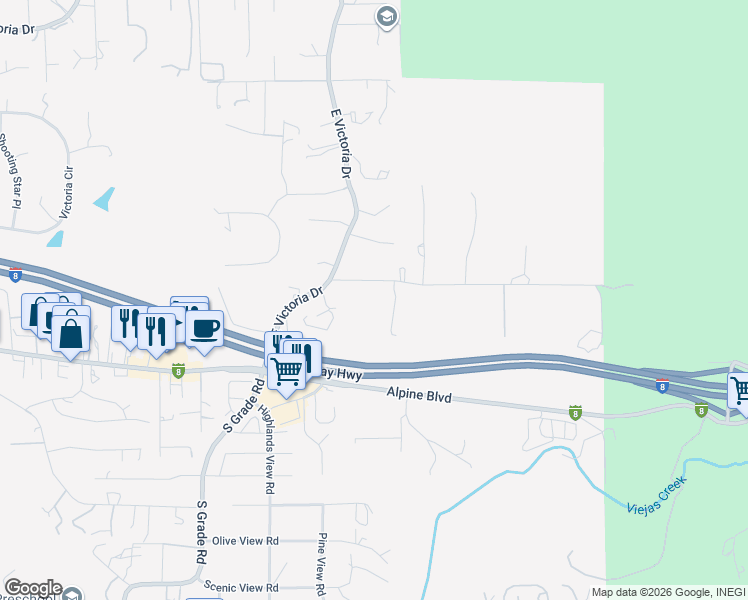 map of restaurants, bars, coffee shops, grocery stores, and more near 3053 Otto Avenue in Alpine