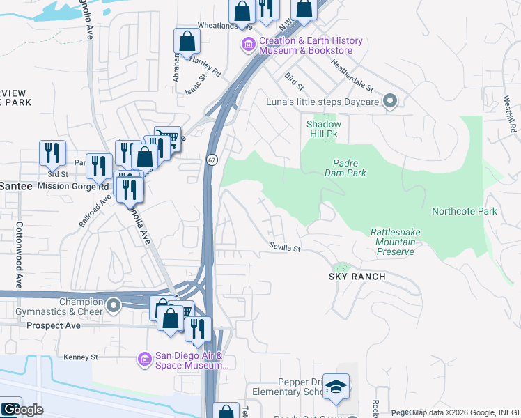 map of restaurants, bars, coffee shops, grocery stores, and more near 1405 Calabria Street in Santee