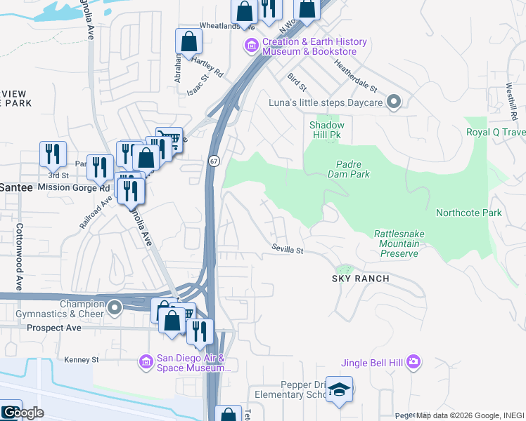 map of restaurants, bars, coffee shops, grocery stores, and more near 1402 Calabria Street in Santee
