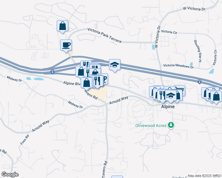 map of restaurants, bars, coffee shops, grocery stores, and more near 1309 Administration Way in Alpine