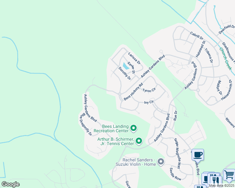 map of restaurants, bars, coffee shops, grocery stores, and more near 1001 Ashley Garden Boulevard in Charleston