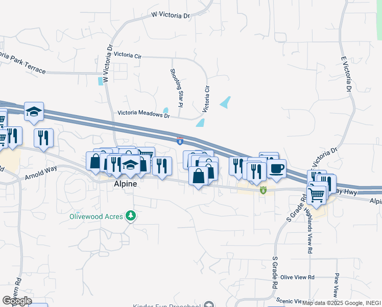 map of restaurants, bars, coffee shops, grocery stores, and more near 2400 Alpine Boulevard in Alpine