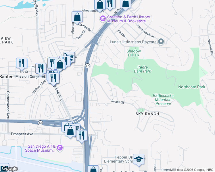map of restaurants, bars, coffee shops, grocery stores, and more near 8787 Graves Avenue in Santee