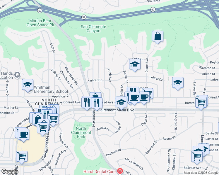 map of restaurants, bars, coffee shops, grocery stores, and more near 5019 Ensign Street in San Diego