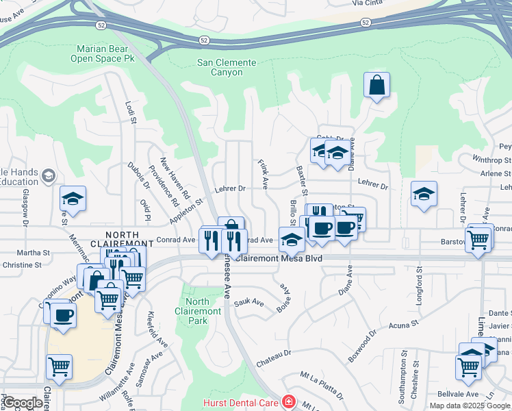 map of restaurants, bars, coffee shops, grocery stores, and more near 4985 Rebel Road in San Diego