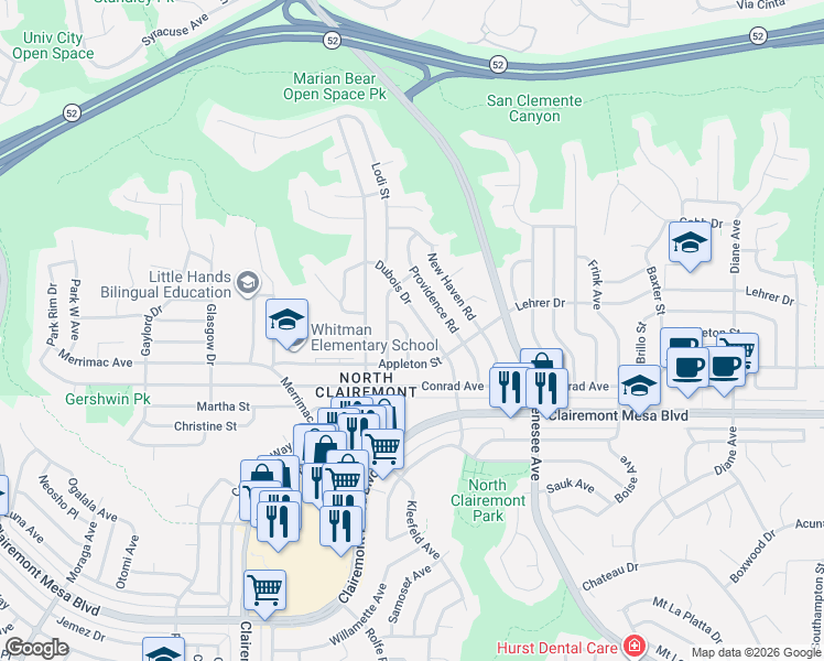 map of restaurants, bars, coffee shops, grocery stores, and more near 5011 Ovid Place in San Diego