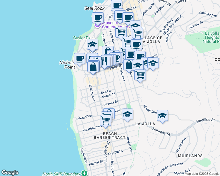 map of restaurants, bars, coffee shops, grocery stores, and more near 630 Genter Street in San Diego