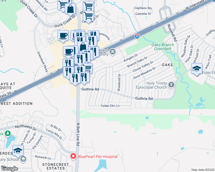 map of restaurants, bars, coffee shops, grocery stores, and more near 6401 Alta Oaks Drive in Garland
