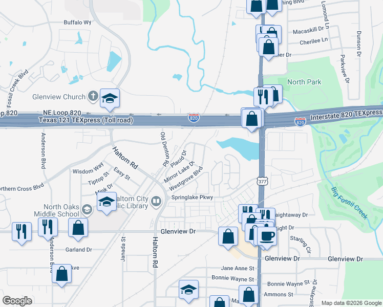 map of restaurants, bars, coffee shops, grocery stores, and more near 5213 Mirror Lake Drive in Haltom City