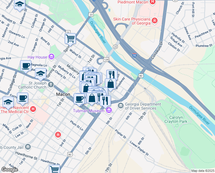 map of restaurants, bars, coffee shops, grocery stores, and more near 475 Mulberry Street in Macon