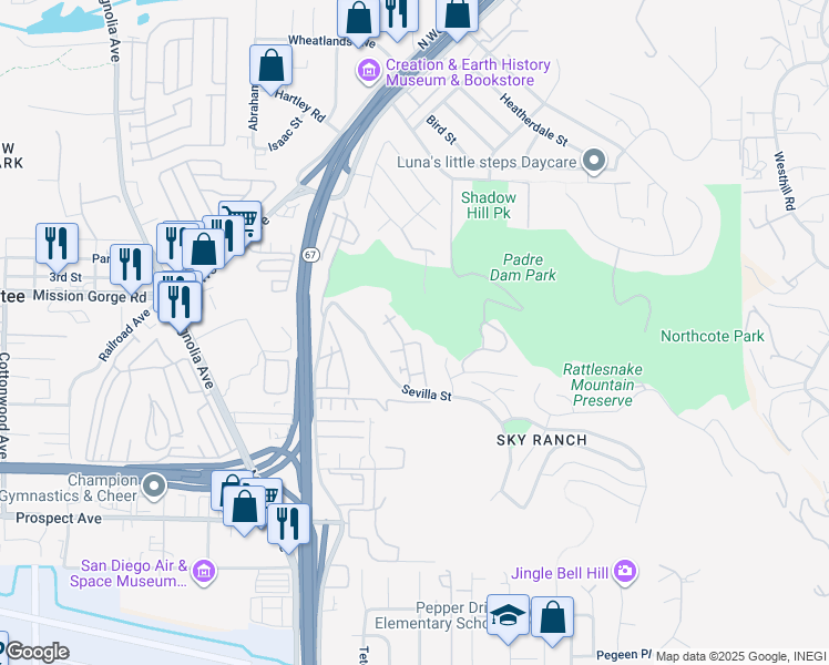 map of restaurants, bars, coffee shops, grocery stores, and more near 1710 Montilla Street in Santee