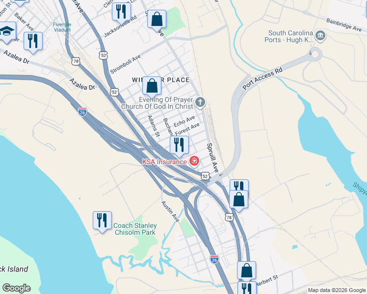 map of restaurants, bars, coffee shops, grocery stores, and more near 2017 Irving Avenue in North Charleston