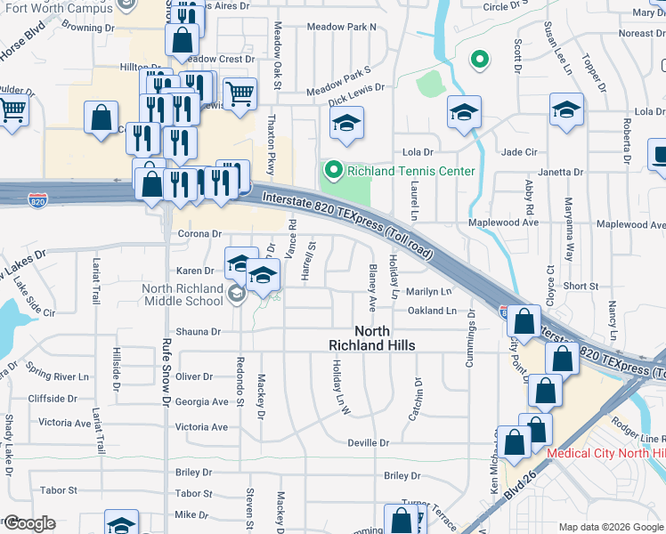 map of restaurants, bars, coffee shops, grocery stores, and more near 7021 Marilyn Lane in North Richland Hills