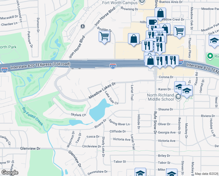 map of restaurants, bars, coffee shops, grocery stores, and more near 4901 Boulder Road in North Richland Hills