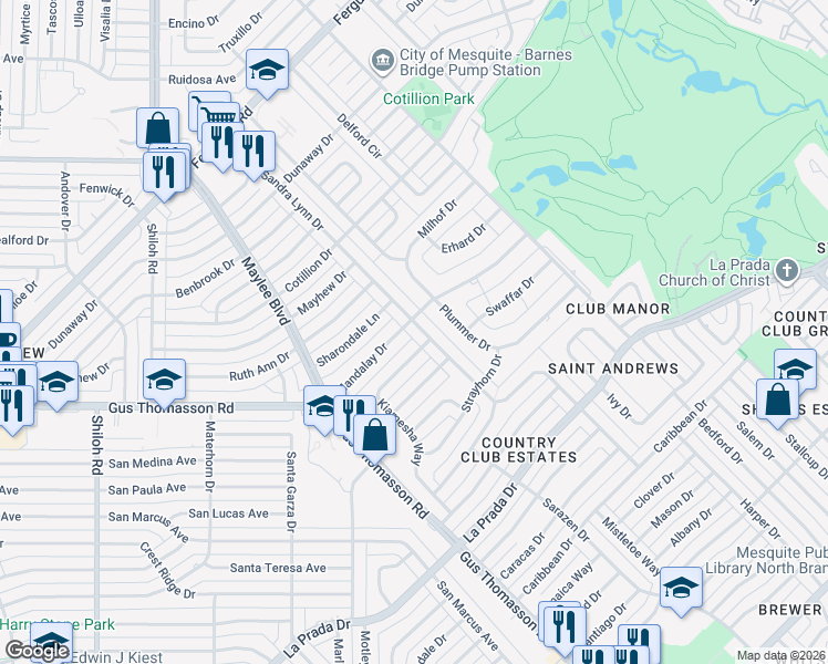 map of restaurants, bars, coffee shops, grocery stores, and more near 5346 Kiamesha Way in Mesquite