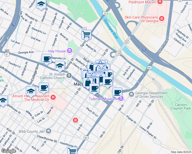 map of restaurants, bars, coffee shops, grocery stores, and more near 606 Cherry Street in Macon
