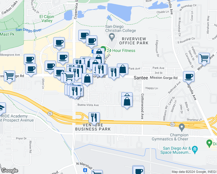 map of restaurants, bars, coffee shops, grocery stores, and more near 8837 Tamberly Court in Santee