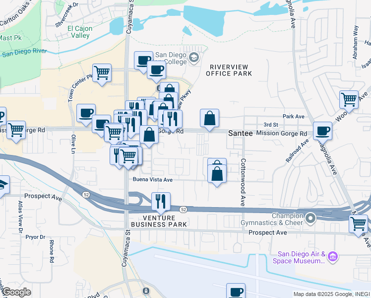 map of restaurants, bars, coffee shops, grocery stores, and more near 8837 Tamberly Court in Santee