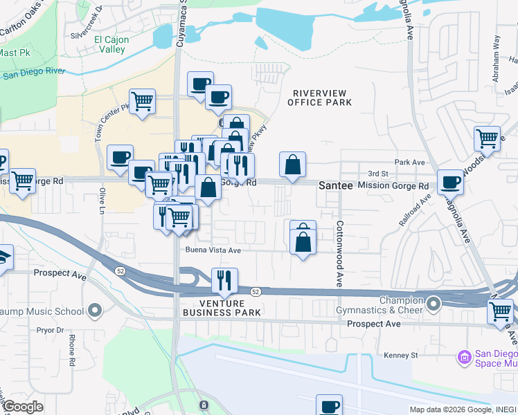 map of restaurants, bars, coffee shops, grocery stores, and more near 8834 Tamberly Lane in Santee