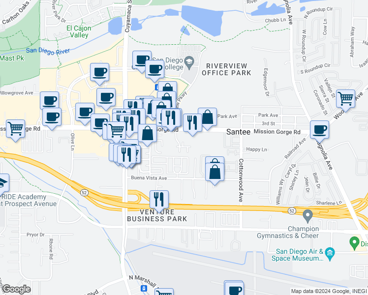 map of restaurants, bars, coffee shops, grocery stores, and more near 8835 Tamberly Way in Santee