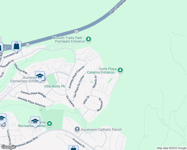 map of restaurants, bars, coffee shops, grocery stores, and more near 5374 Belardo Drive in San Diego