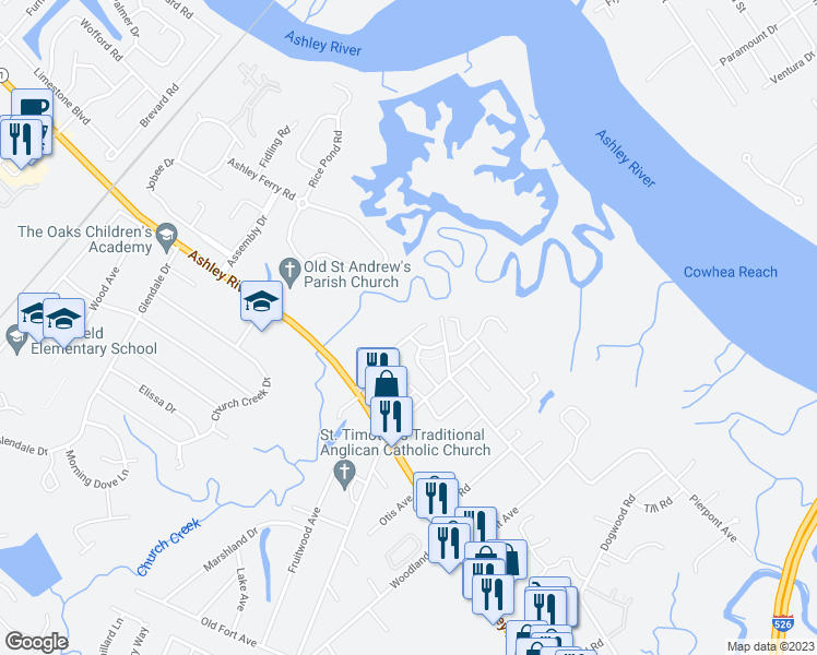 map of restaurants, bars, coffee shops, grocery stores, and more near 2222 Waterfowl Lane in Charleston