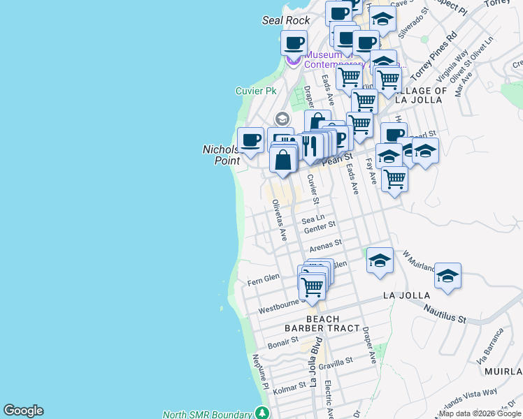 map of restaurants, bars, coffee shops, grocery stores, and more near 7404-6 Monte Vista Avenue in San Diego