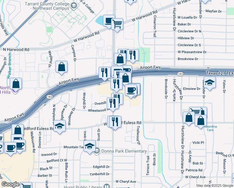 map of restaurants, bars, coffee shops, grocery stores, and more near 800 Overhill Court in Hurst