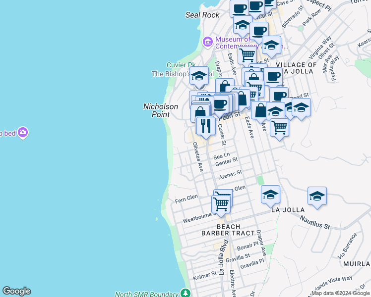 map of restaurants, bars, coffee shops, grocery stores, and more near 7404-6 Monte Vista Avenue in San Diego