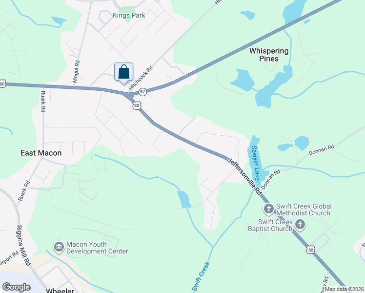 map of restaurants, bars, coffee shops, grocery stores, and more near 3855 Jeffersonville Road in Macon