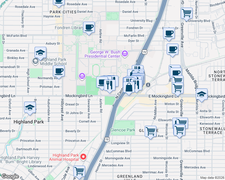 map of restaurants, bars, coffee shops, grocery stores, and more near 3020 Mockingbird Lane in Dallas