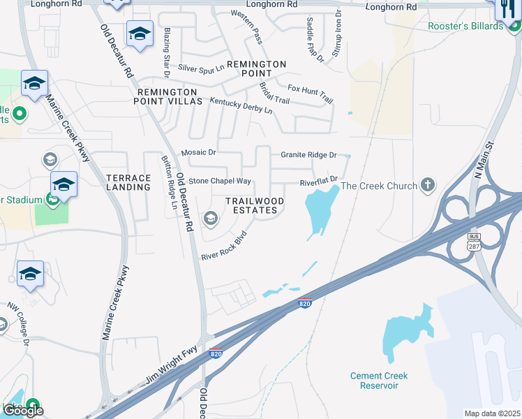 map of restaurants, bars, coffee shops, grocery stores, and more near 5104 Blue Quartz Road in Fort Worth