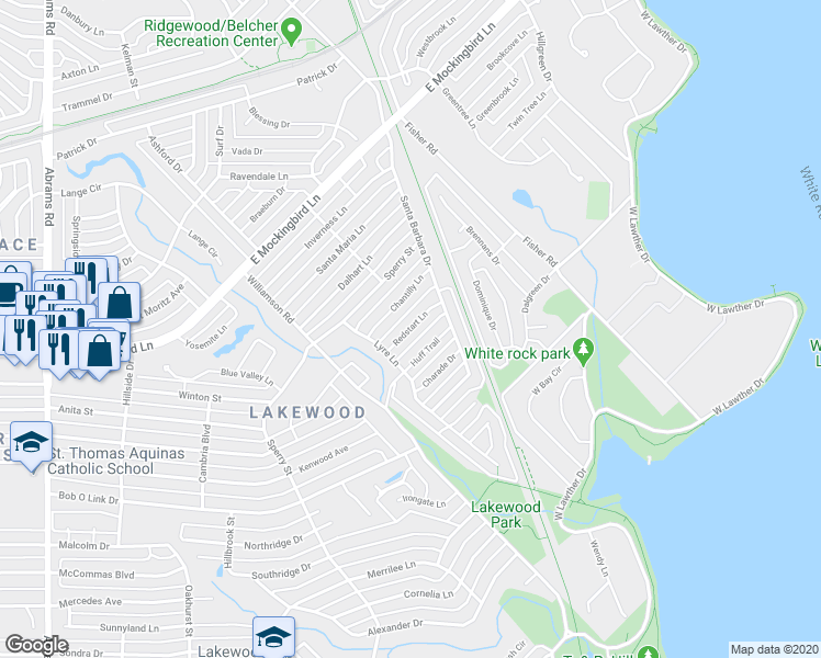 map of restaurants, bars, coffee shops, grocery stores, and more near Redstart Lane in Dallas