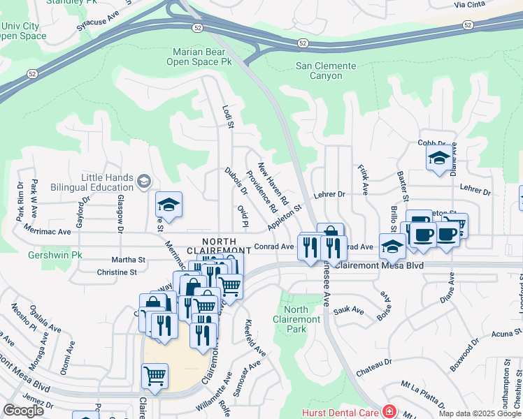 map of restaurants, bars, coffee shops, grocery stores, and more near 5109 Dubois Drive in San Diego