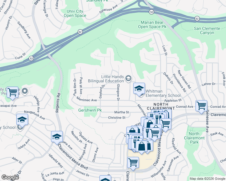 map of restaurants, bars, coffee shops, grocery stores, and more near 3621 Armitage Street in San Diego