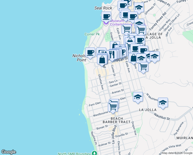 map of restaurants, bars, coffee shops, grocery stores, and more near 7450 Olivetas Avenue in San Diego