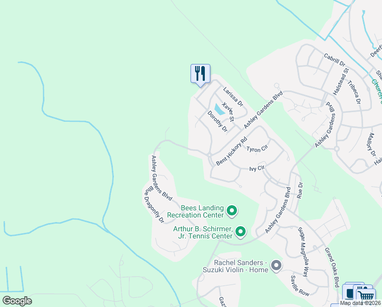 map of restaurants, bars, coffee shops, grocery stores, and more near 1365 Ashley Gardens Boulevard in Charleston