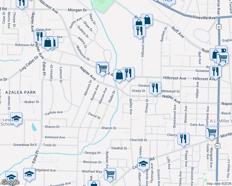 map of restaurants, bars, coffee shops, grocery stores, and more near 951 Hillcrest Boulevard in Macon
