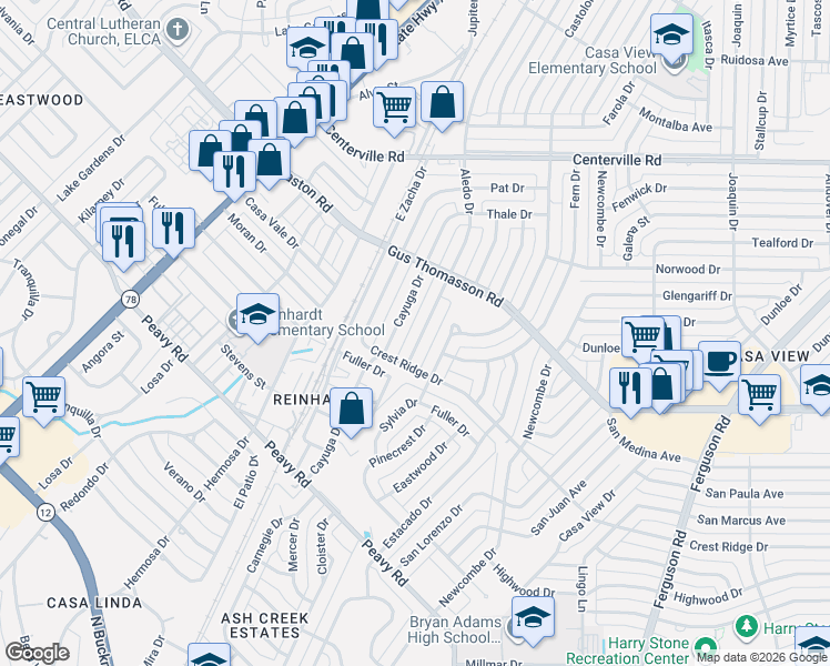 map of restaurants, bars, coffee shops, grocery stores, and more near 10512 Cayuga Drive in Dallas