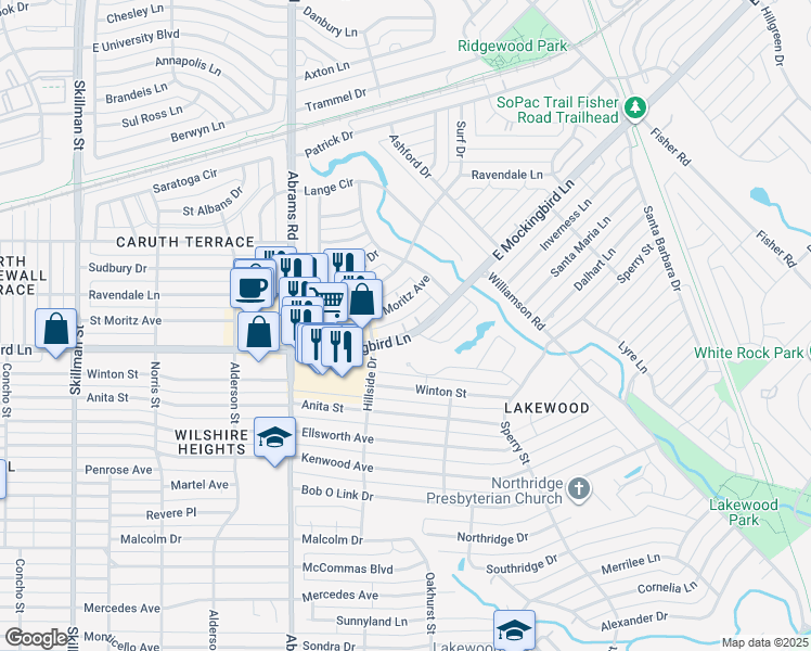 map of restaurants, bars, coffee shops, grocery stores, and more near 6532 Saint Moritz Avenue in Dallas