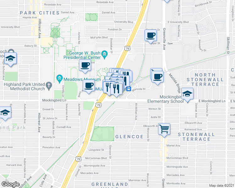 map of restaurants, bars, coffee shops, grocery stores, and more near 5331 East Mockingbird Lane in Dallas
