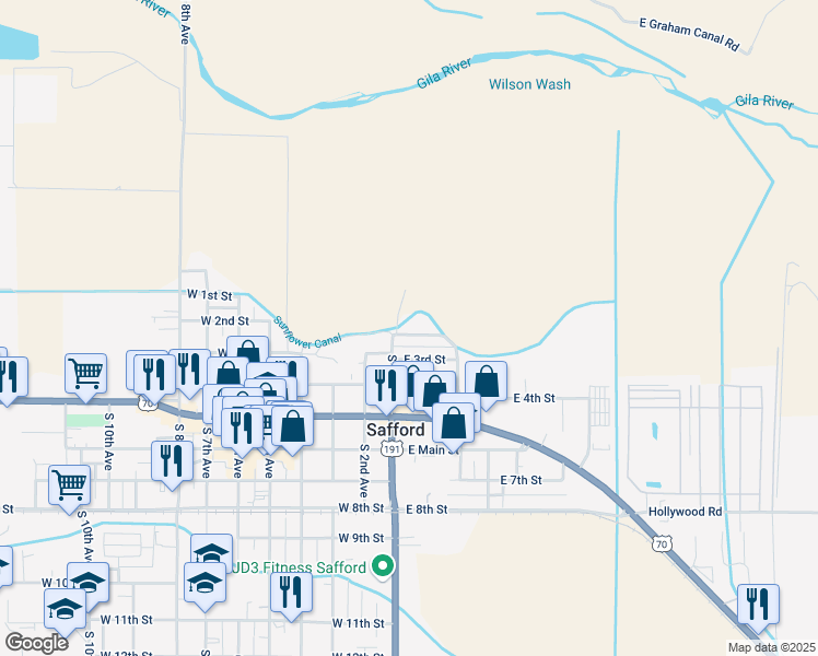 map of restaurants, bars, coffee shops, grocery stores, and more near 502 West 2nd Street in Safford