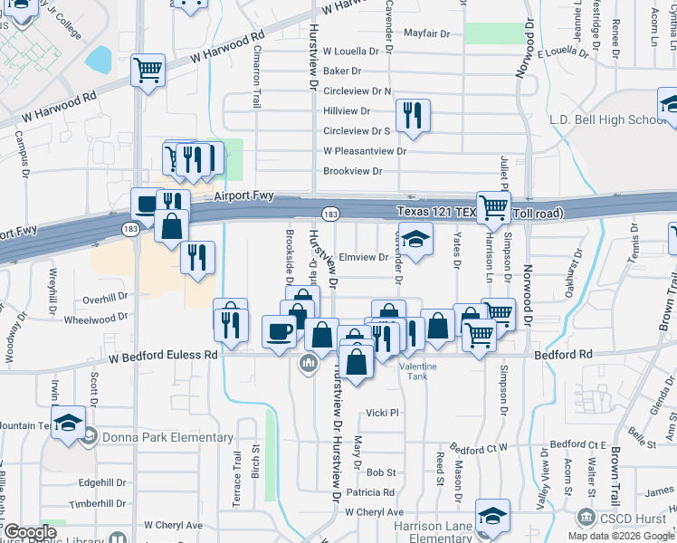 map of restaurants, bars, coffee shops, grocery stores, and more near 1425 Dorris Street in Hurst