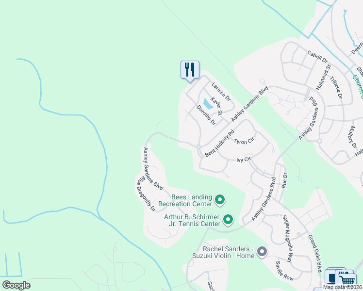 map of restaurants, bars, coffee shops, grocery stores, and more near 1365 Ashley Gardens Boulevard in Charleston