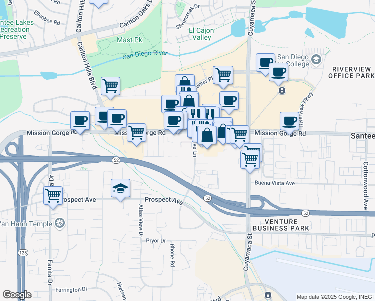 map of restaurants, bars, coffee shops, grocery stores, and more near 8858 Olive Lane in Santee